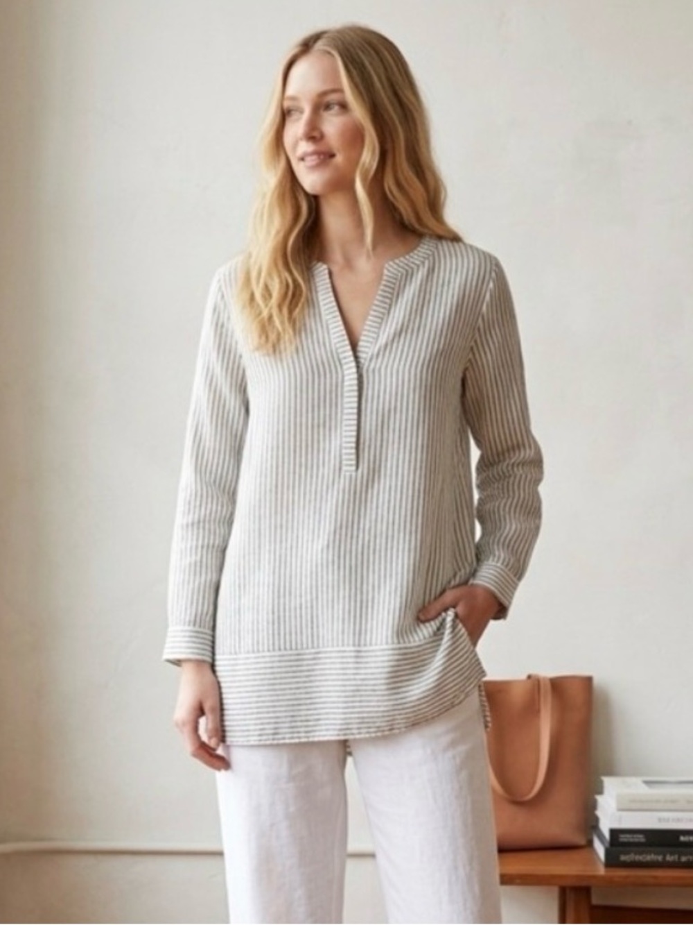J. Jill Love Linen Classic Gray and White Striped Linen Tunic